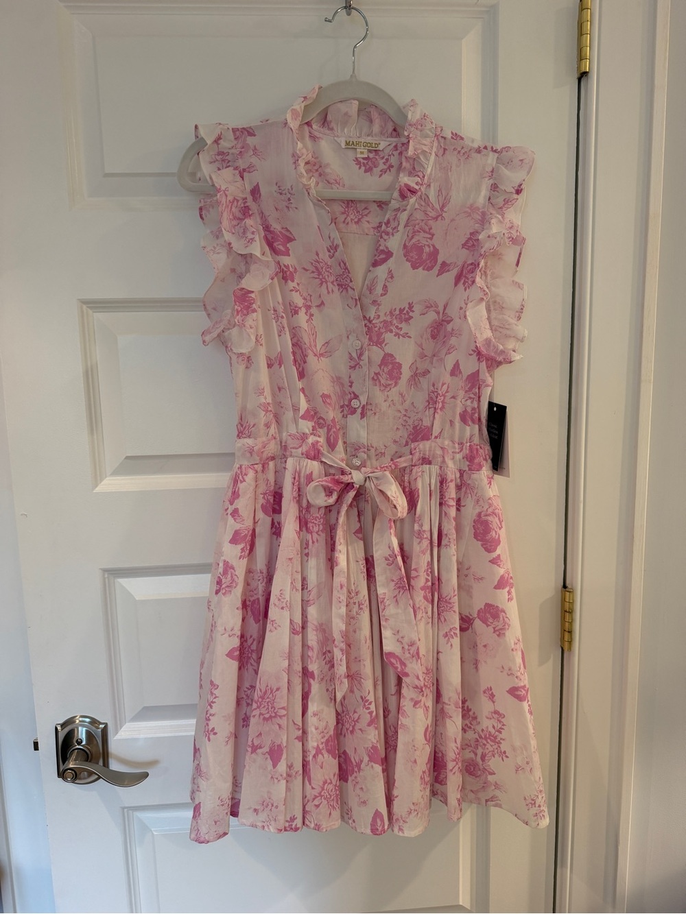 MAHI GOLD Pink Floral Ruffle Tie-Waist Dress
